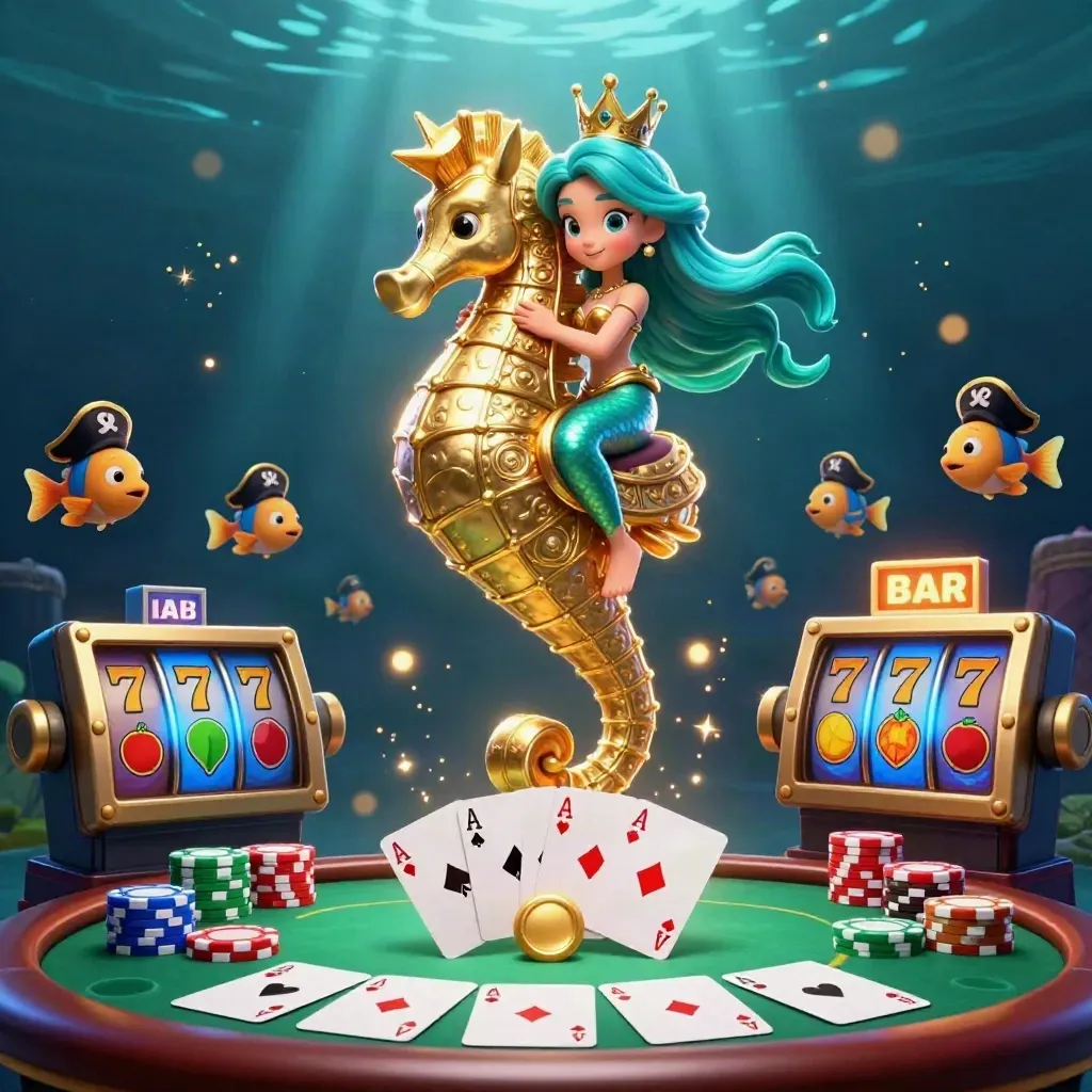 Turquoise-haired mermaid princess rides a golden seahorse amid poker chips and glowing slot reels underwater.