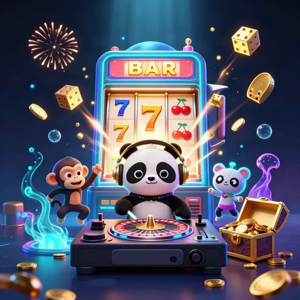 Panda DJ, dancing monkey, and glow-kitten amid jackpot bursts, coins, and neon casino effects.
