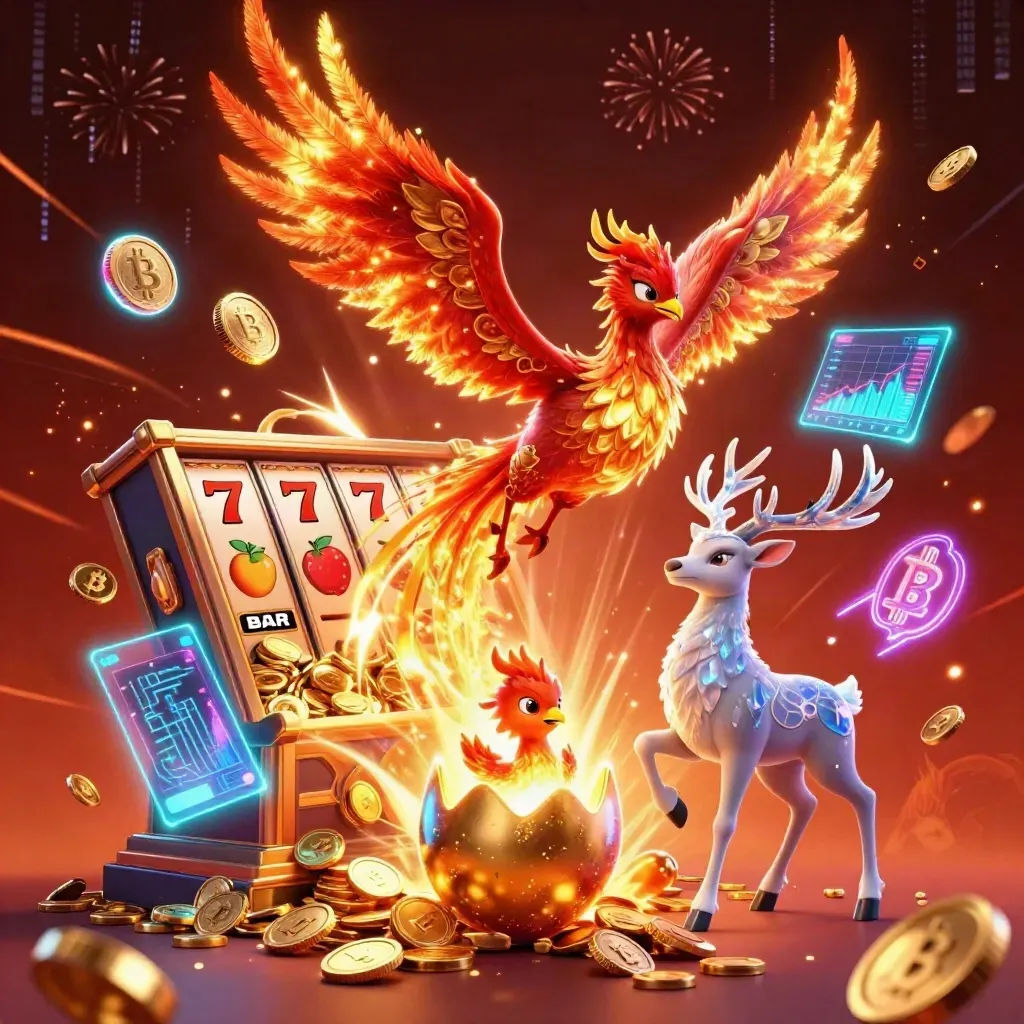 Fire phoenix, baby phoenix, and crystal stag amid coins, slot reels, lightning, and fireworks.
