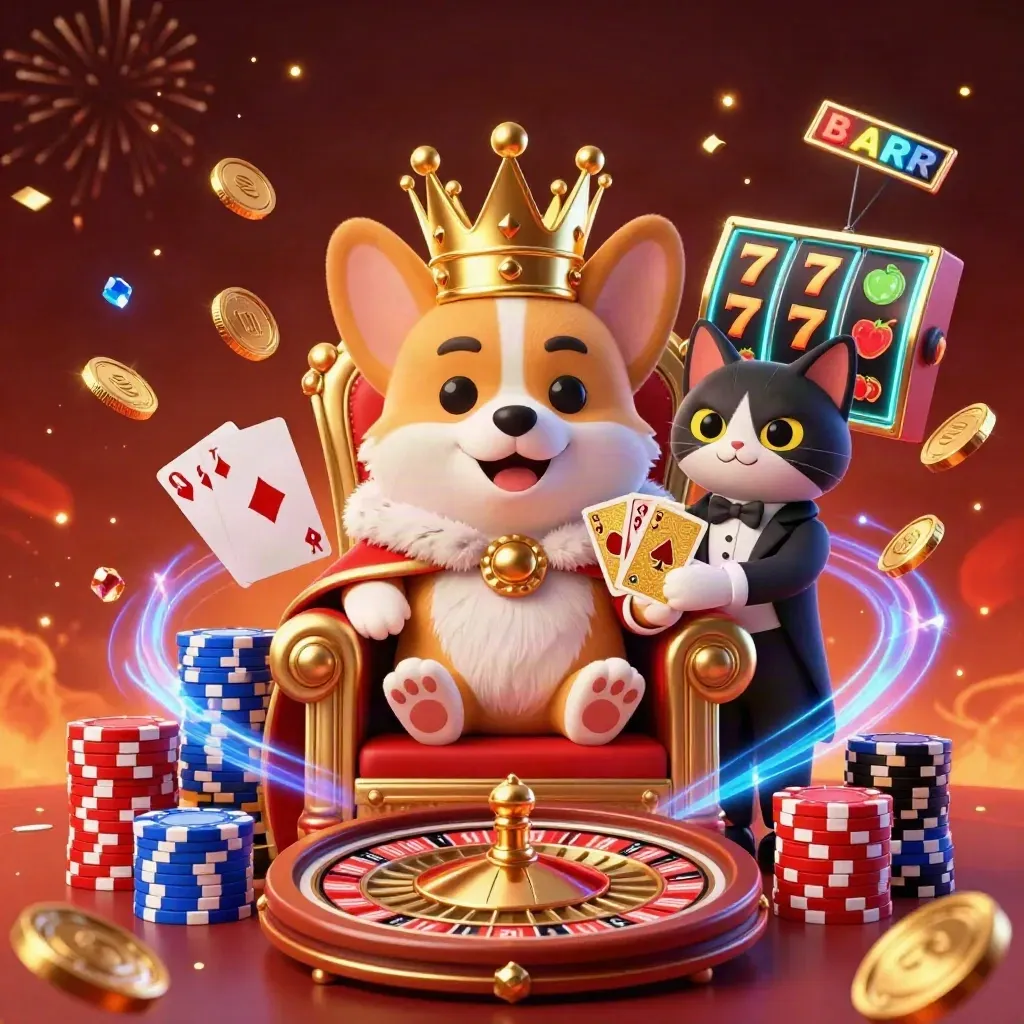 Royal corgi and cat butler on chip throne amid coins, reels, cards, fireworks, and glowing embers.