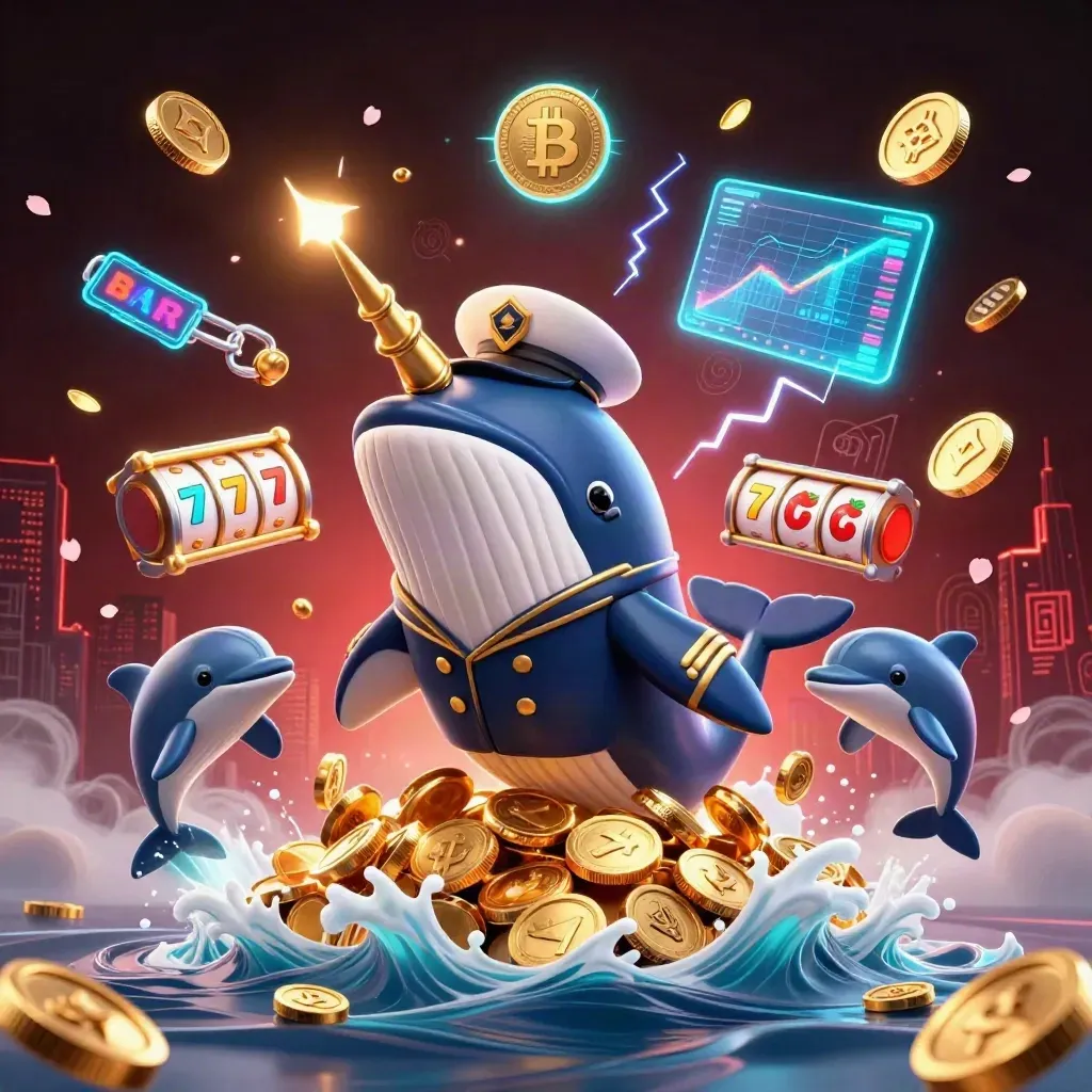 Whale captain, narwhal, and dolphins burst through coins with neon casino effects.