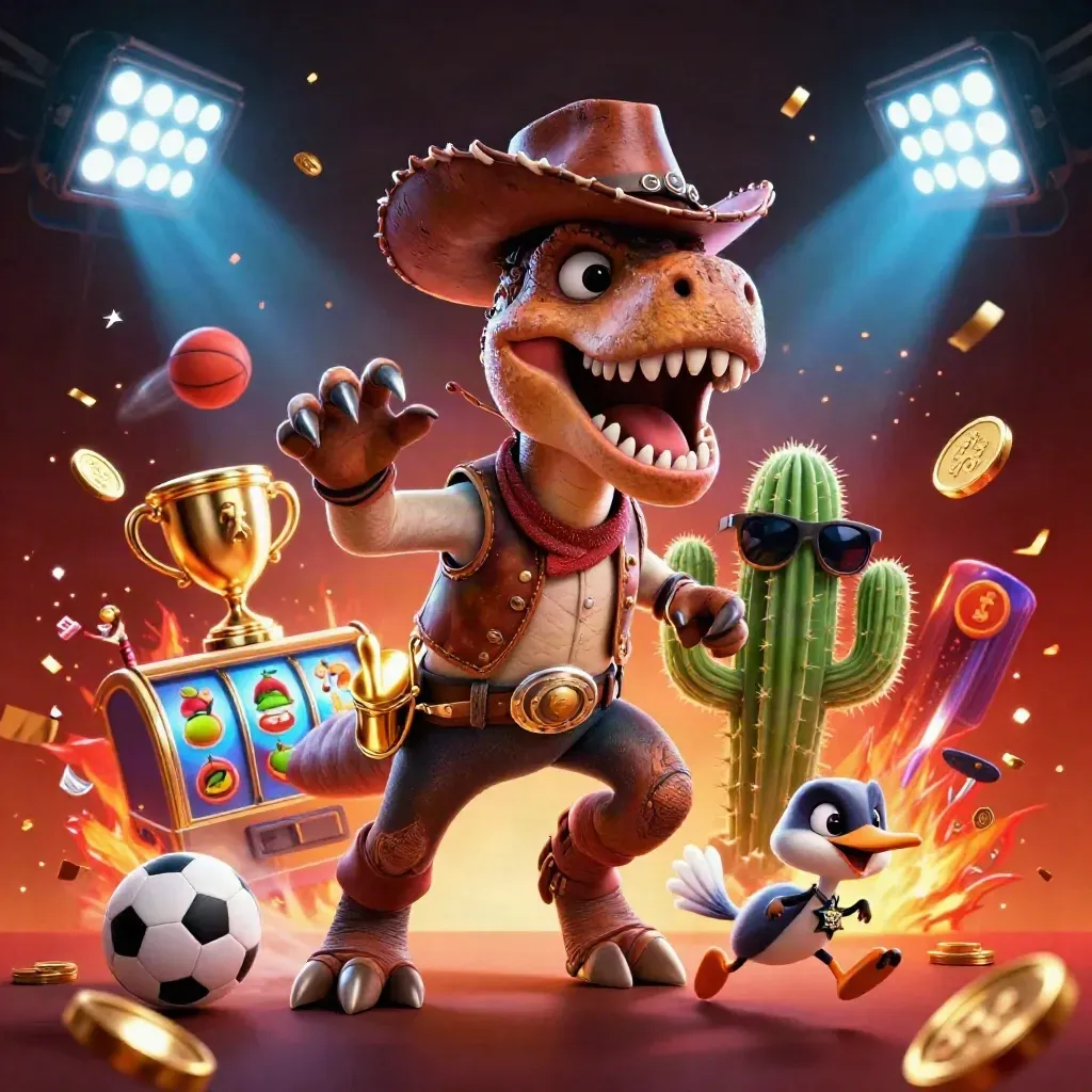 Cowboy T-Rex, cactus sidekick, and roadrunner amid casino sports bursts and glowing reels.