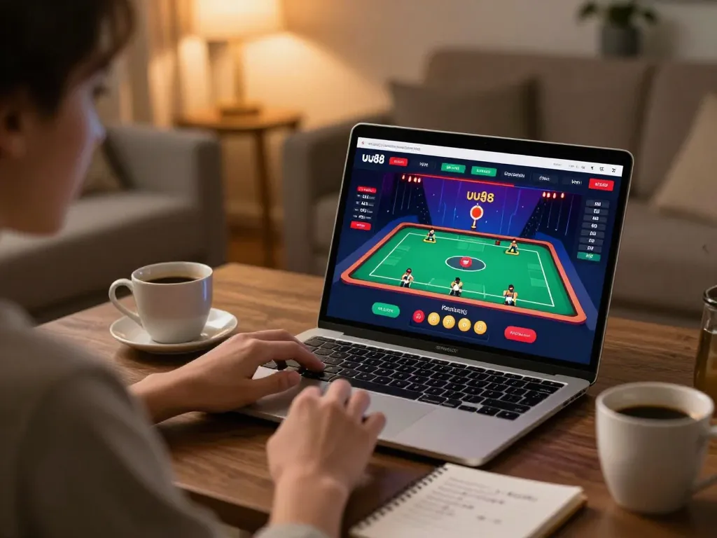 Player enjoying online casino games on uu88 platform with strategic notes and a cozy atmosphere.