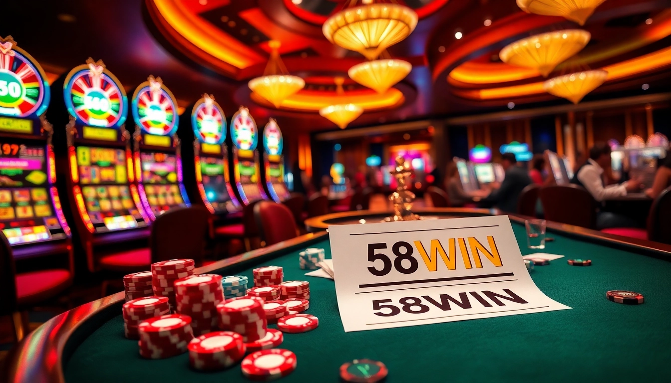 Experience the thrill of gambling with 58WIN at an exciting casino gaming table filled with chips and roulette wheels.