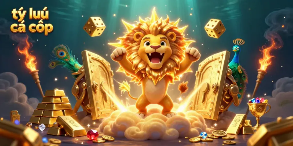 Engage with thrilling tỷ lệ cá cược action featuring golden dice and a roaring lion amidst treasure.