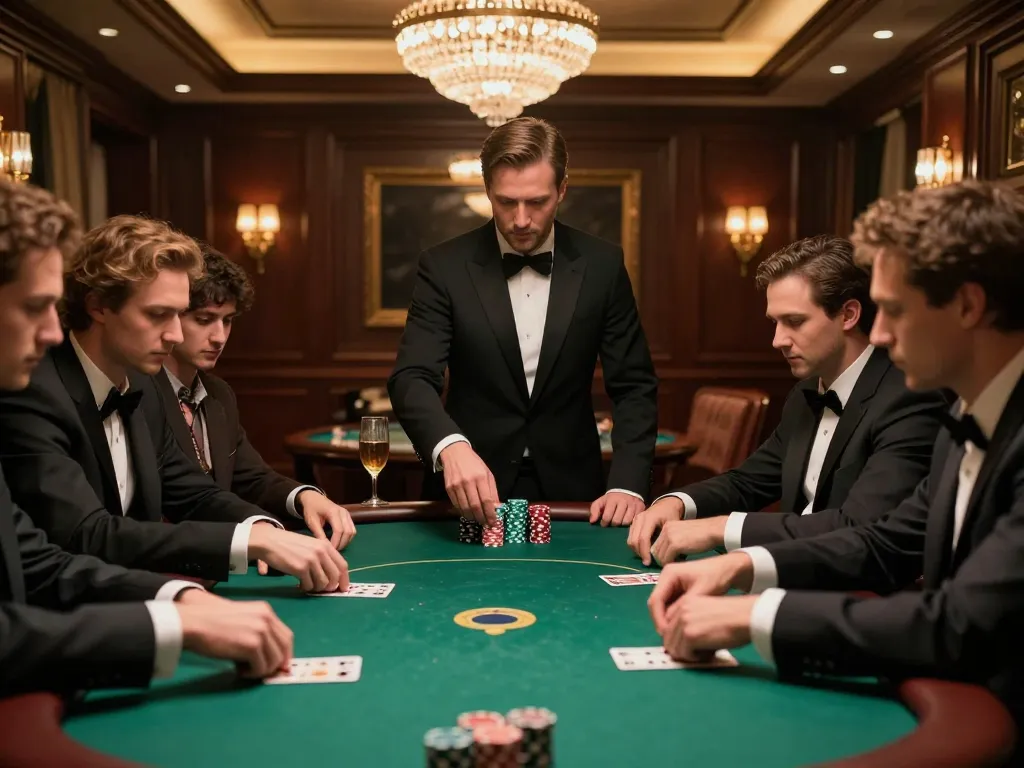 Engaging poker scene at tt88n0hu com, showcasing intense players and luxurious decor in a game room.