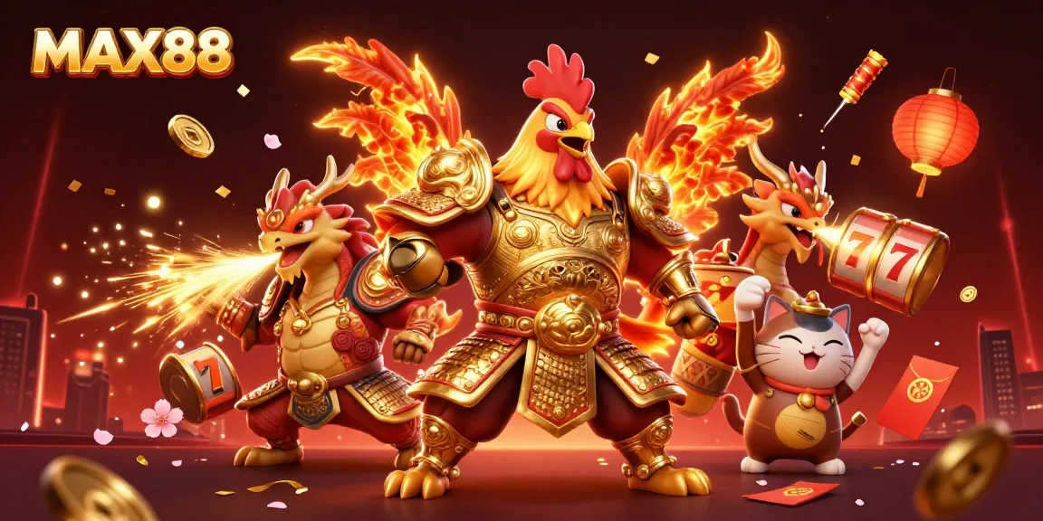 Engage with MAX88 casino excitement featuring a heroic rooster, fierce dragon, and lucky cat amidst vibrant gaming elements.