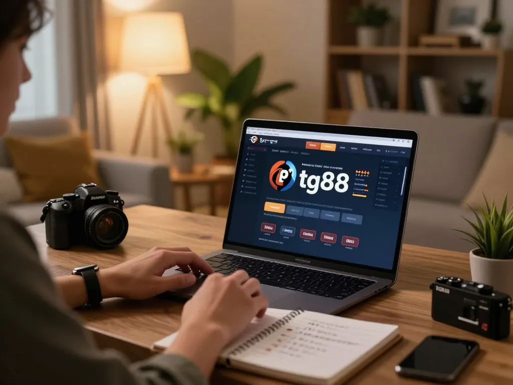 Gamer strategizing on tg88 online casino platform with cozy home setup and warm ambiance.