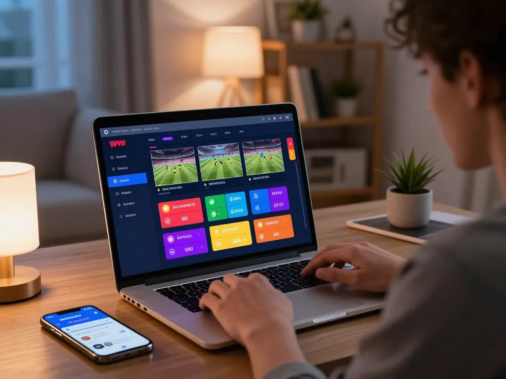 Engaging with winstrike69 app while placing sports bets on a laptop at home.