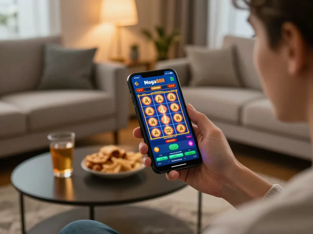 Engaging with the Mega888 app as a trusted mega888 agent, experiencing vibrant slot games in a cozy setting.