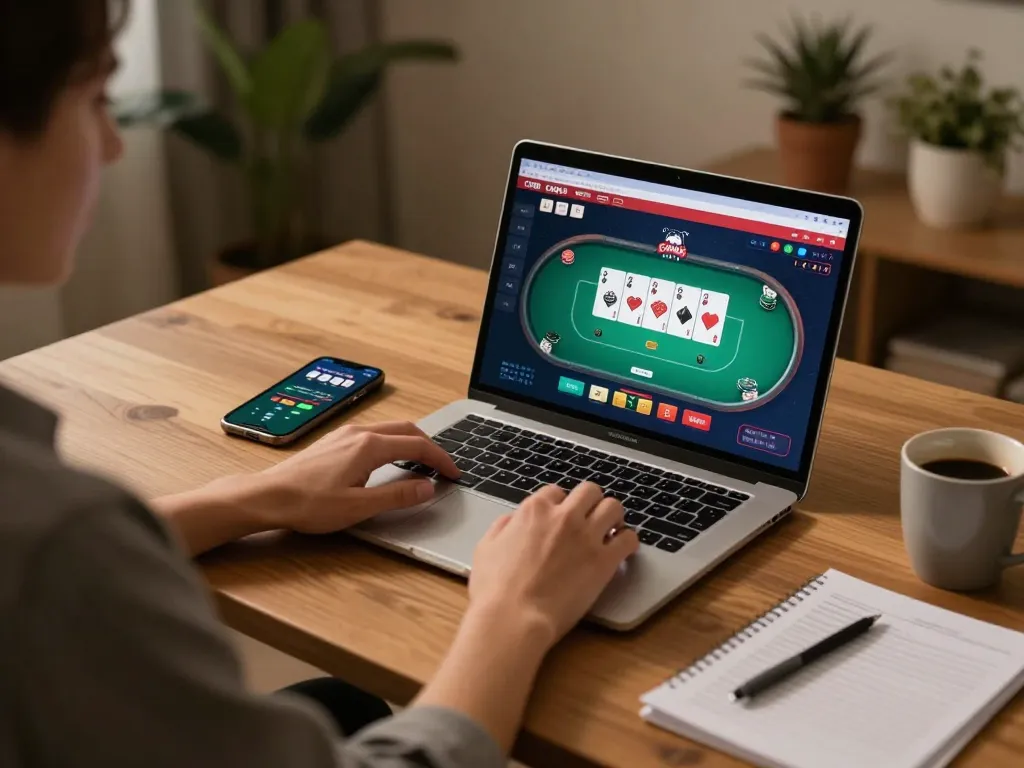 Player enjoying CM88's online casino gameplay on a cozy home gaming setup with warm lighting
