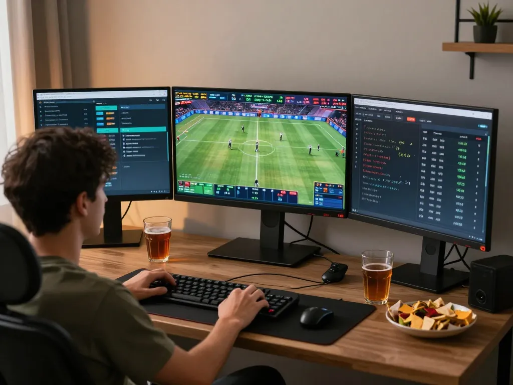 Person engaged in live sports betting experience on THABET, showcasing multiple screens and a lively atmosphere.