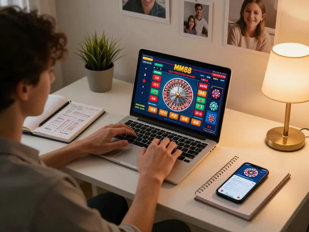 Player engaging in MM88 online roulette from a stylish home desk with strategic notes.