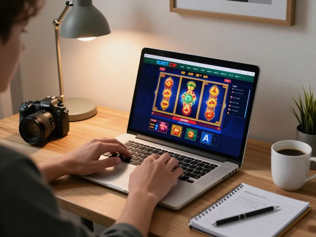 KUBET online gaming scene with a player engaging in slot games at home, showcasing a cozy atmosphere.