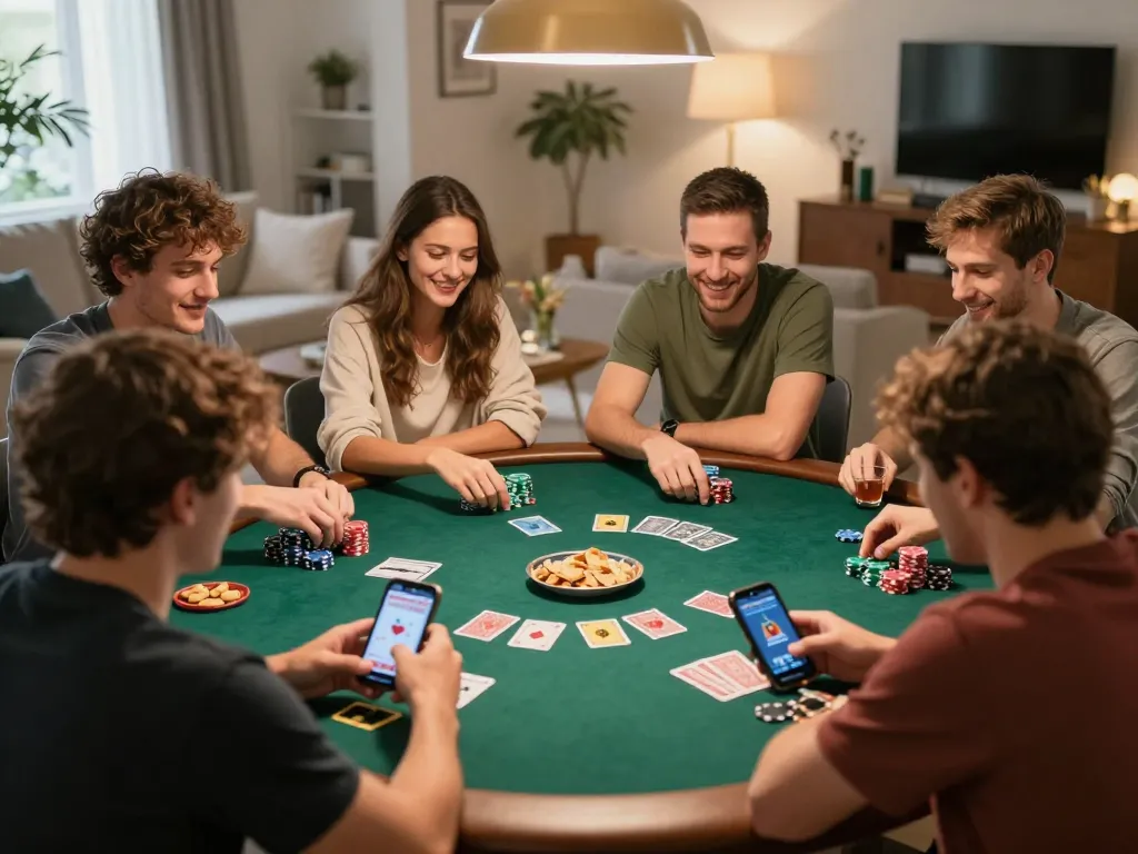 Friends enjoying poker night, strategizing their bets with 98win on display in device screens.