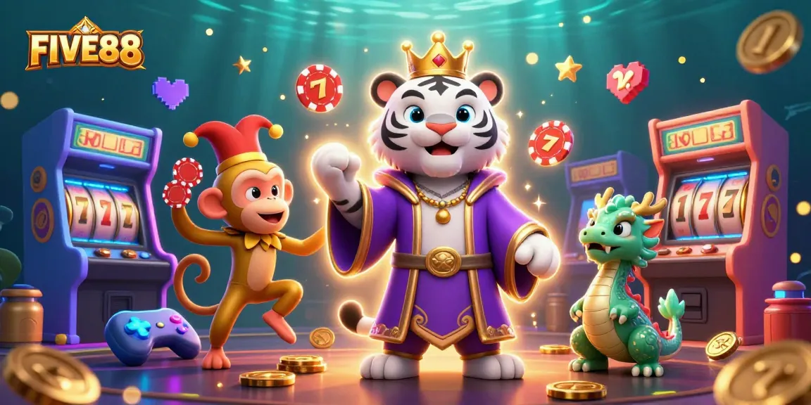 Experience the thrill of winning at FIVE88, with casino games and joyful characters in play.