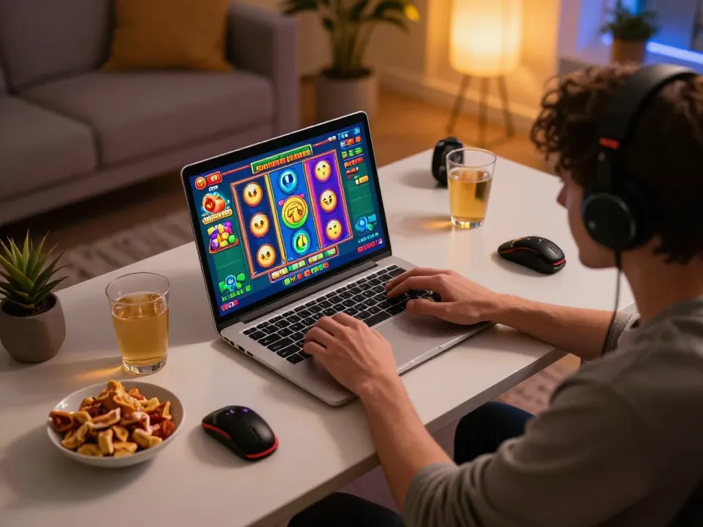 Player enjoying an exciting slot bonus game on a laptop in a cozy home setting.