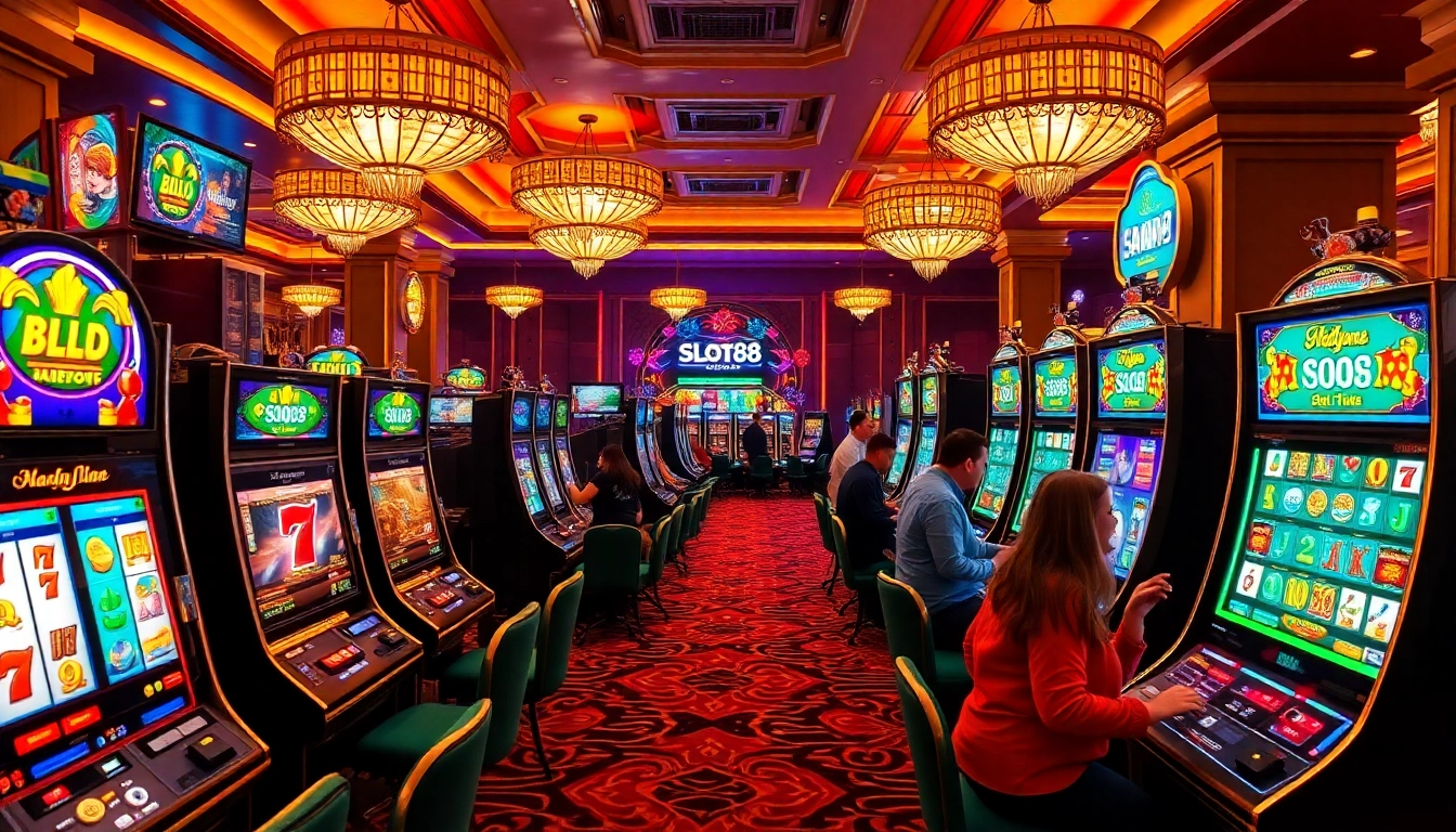Pemain menikmati sensasi permainan slot88 di tengah latar belakang kasino yang menakjubkan.