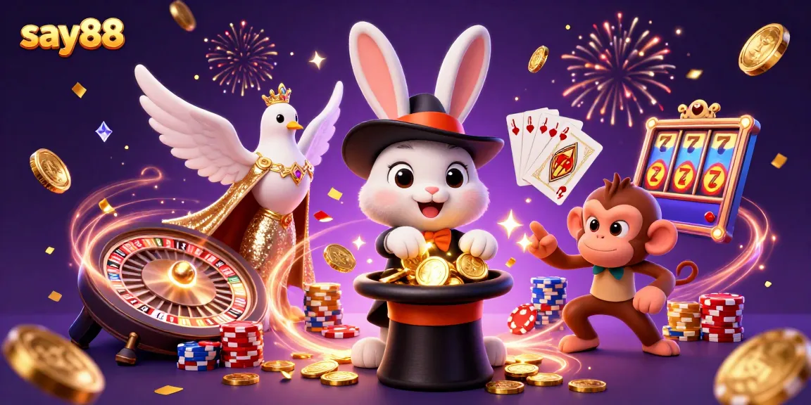 Experience thrilling wins with say88's vibrant 3D casino illustration featuring magical characters and casino elements.