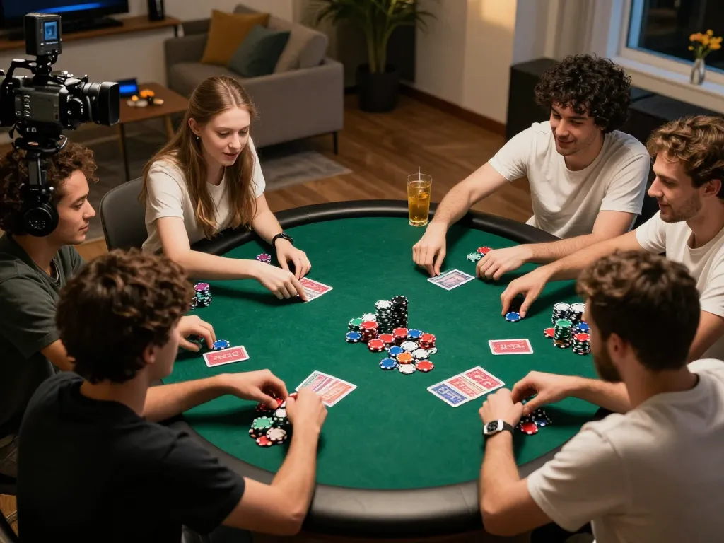 Authentic poker game night at home in Papua New Guinea, friends engaged and enjoying strategic gameplay
