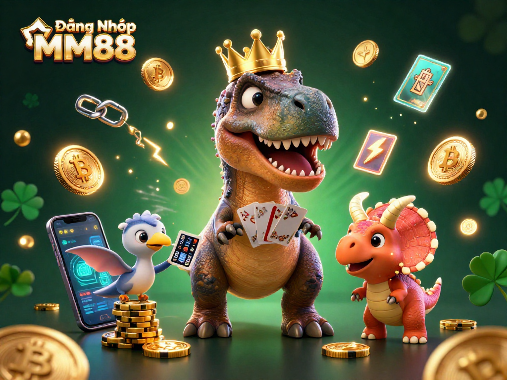 Engage with Đăng Nhập MM88 to shuffle cards alongside a T-Rex and collect golden chips in this vibrant casino scene.