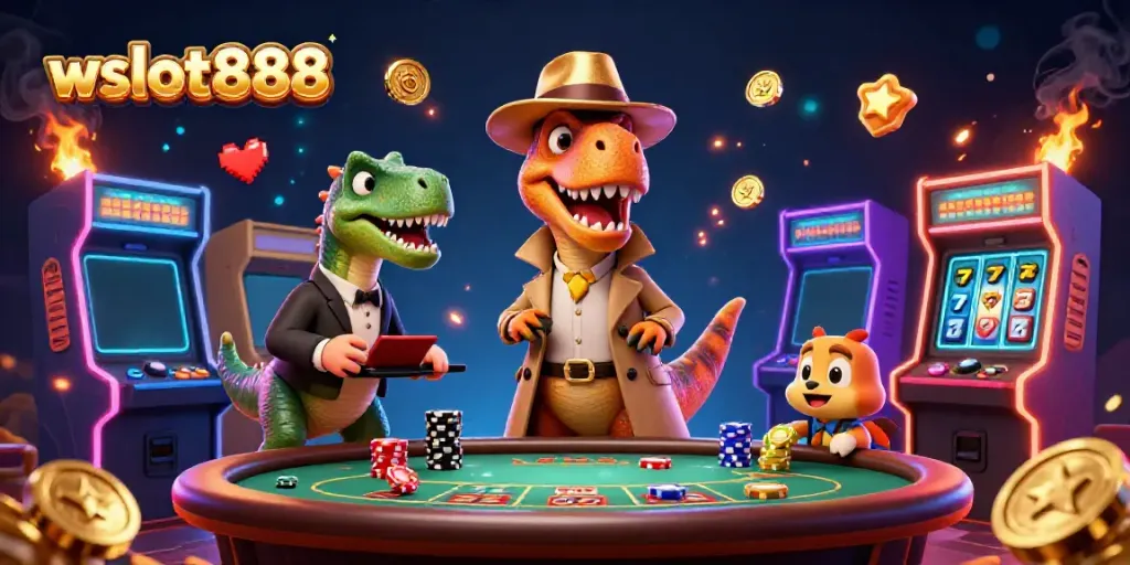 Wslot888 menghadirkan ilustrasi kasino 3D dengan karakter kartun, slot reels, dan suasana menghibur.