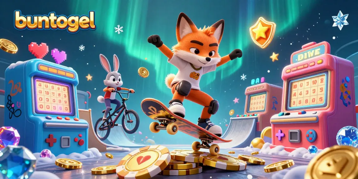 Experience the thrill of bun togel with a dynamic 3D illustration of a skateboarder fox and BMX rabbit in a vibrant lottery-themed landscape.