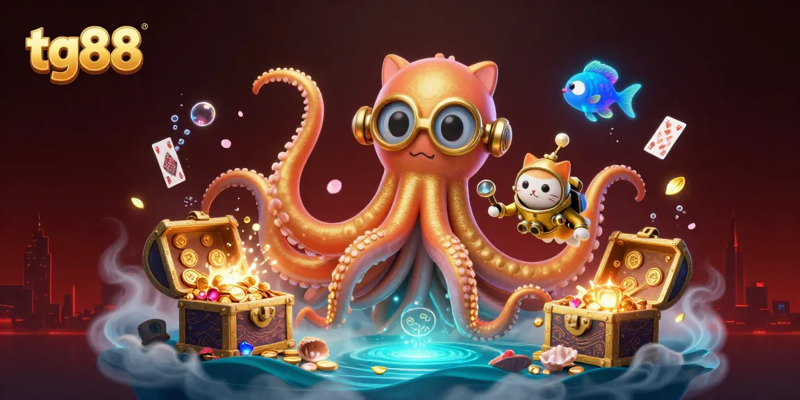 Tg88's immersive gaming experience meets thrilling ocean adventures with a spectacular kraken, diving cat, and vibrant sea life.