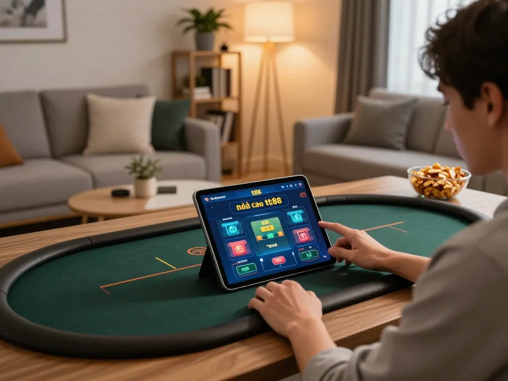 Engaging in online gaming at nhà cái tt88 from a cozy home setup with tablet and strategic notes.