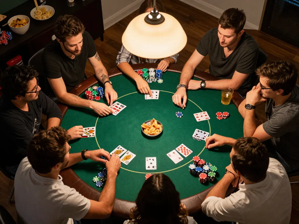 Enjoy an exciting poker night with friends on kdslot, featuring vibrant chips, drinks, and competitive gameplay.