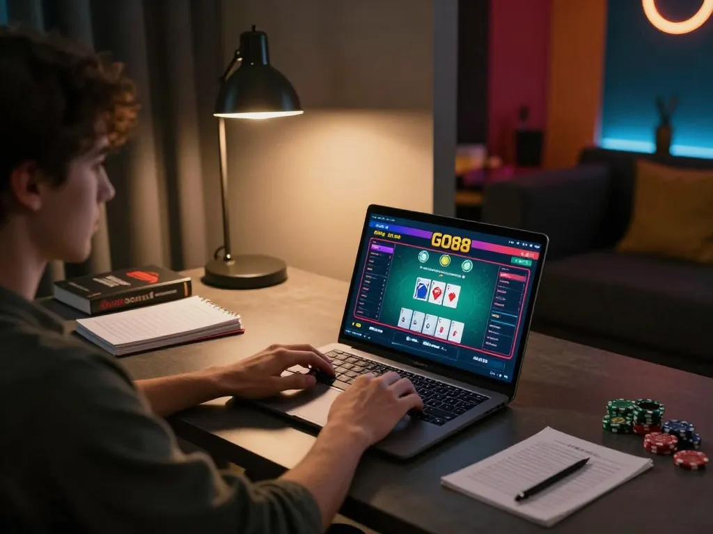 Engaging user playing GO88 online poker game on a laptop with strategy notes visible
