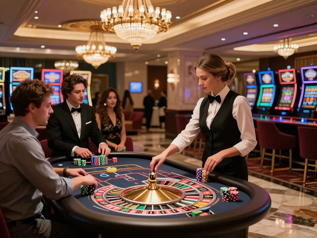 Engaging players betting at a roulette table at HIT CLUB in an upscale casino.