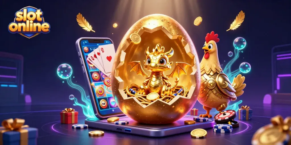 Spin the reels of slot online games with a golden baby dragon nestled on poker chips.