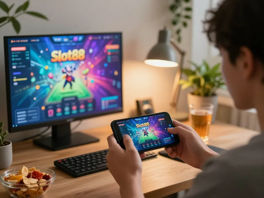 Engaging Slot88 mobile gaming experience at home with cozy atmosphere and snacks