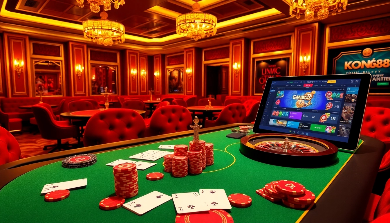 KONG88 casino scene showcasing an elegant poker table and vibrant roulette wheel, capturing the excitement of gambling.