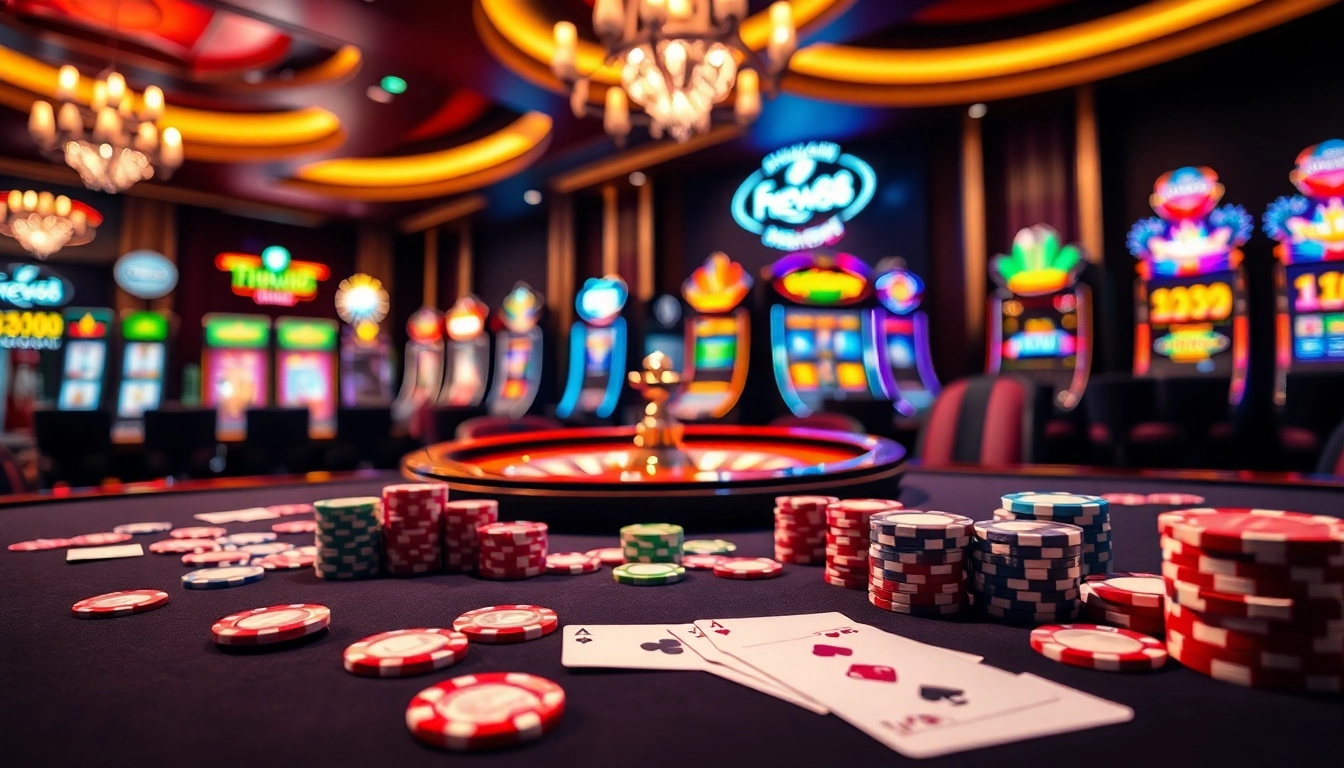 Engage with the excitement of fnew88.com at a vibrant casino table with colorful chips and cards.