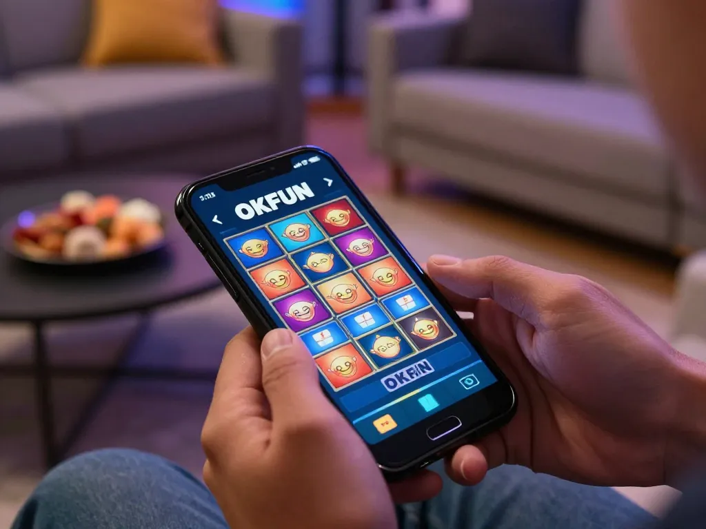 Player enjoying the OKFUN casino app on their smartphone, showcasing a vibrant mobile gaming experience.