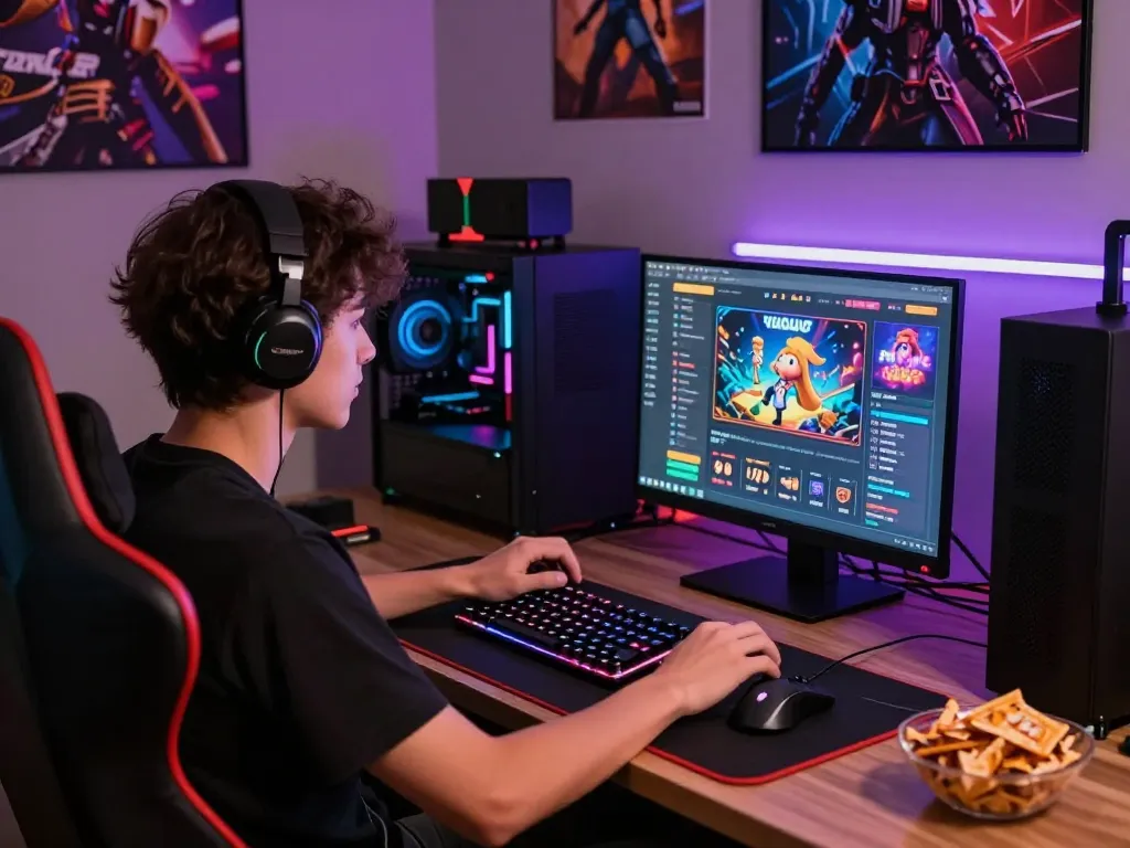 Hitclub gaming enthusiast enjoying an online casino experience with vibrant LED lights and gaming gear.
