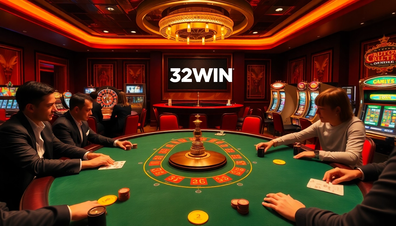 Players enjoying a high-stakes poker game at the luxurious 32WIN casino, with vibrant lighting and stunning decor.