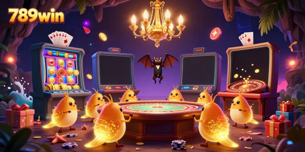 Play the vibrant slot games at 789win with captivating glowworms illuminating the cave casino scene.