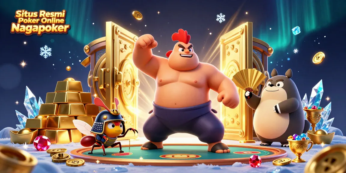 Situs Resmi Poker Online Nagapoker showcases an energetic poker scene with dynamic characters and vibrant casino elements.