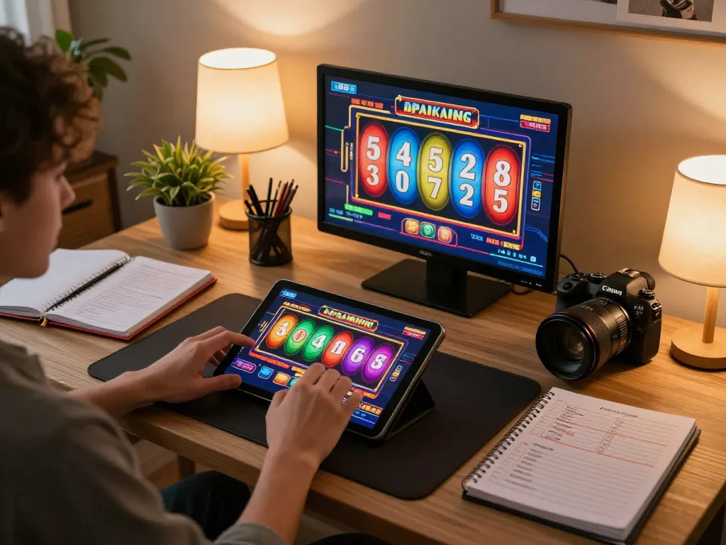 Player engaged in slots at home via https://webnk88.net/ with colorful tablet display and betting notes nearby.