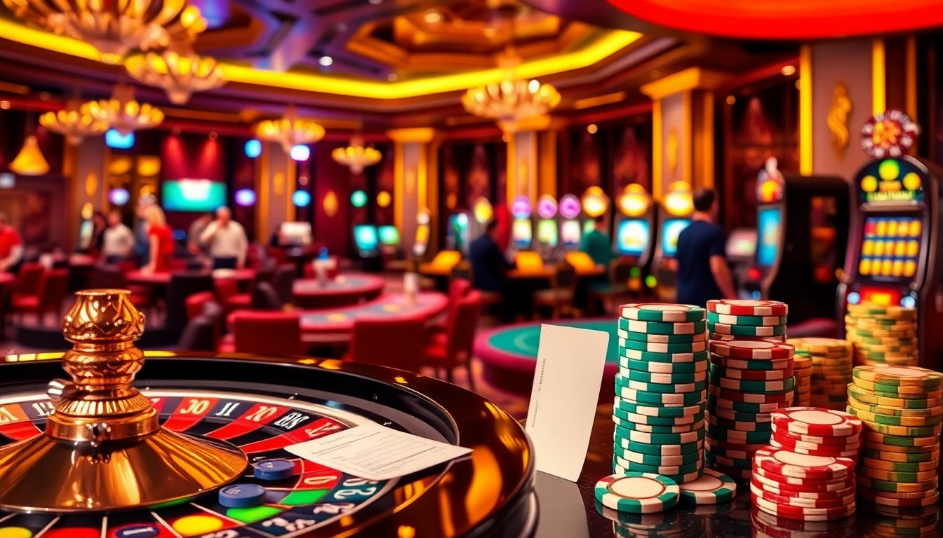 Engaging scene of Tool xổ số siêu tốc in a vibrant casino featuring roulette and poker tables.