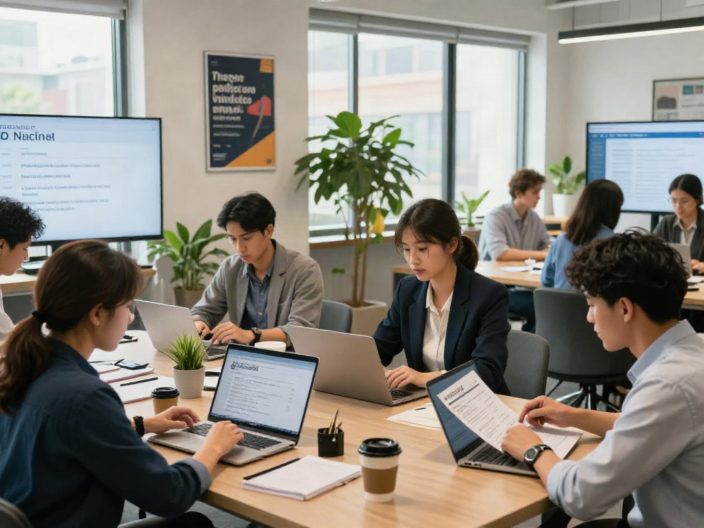 Collaborative job seekers reviewing resumes while searching for หางาน in a modern office.
