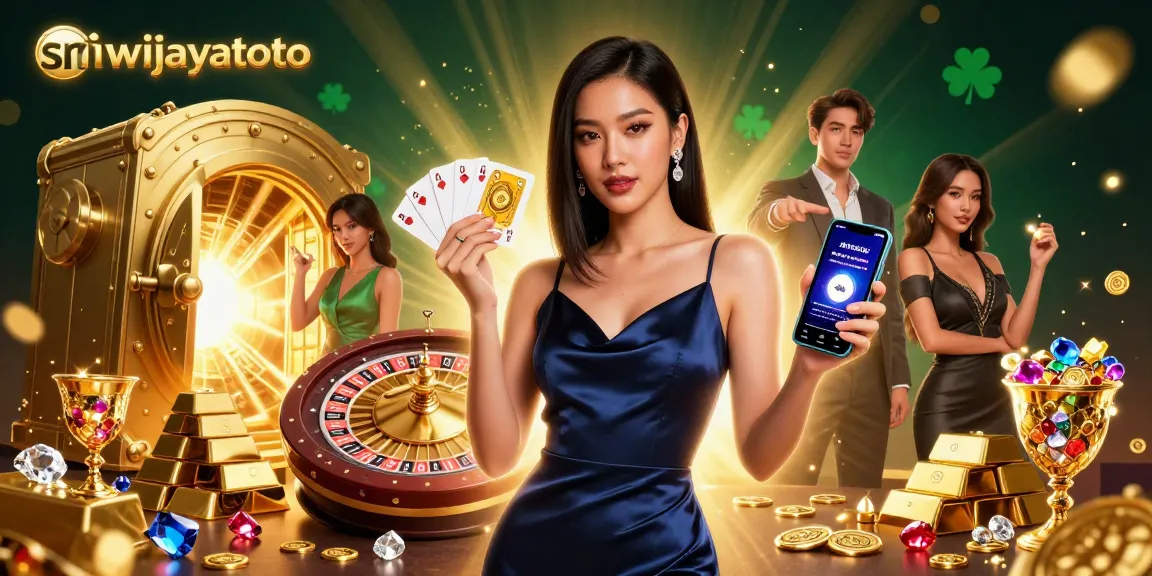 Sriwijayatoto showcases a glamorous Asian woman engaging with casino gaming, featuring vibrant elements.