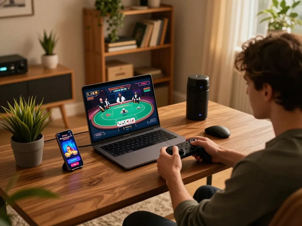 Player enjoying online poker at home using 789f, immersed in gameplay with laptop and smartphone nearby.