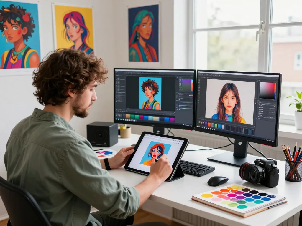 Digital artist using Nano Banana Pro in a vibrant creative workspace