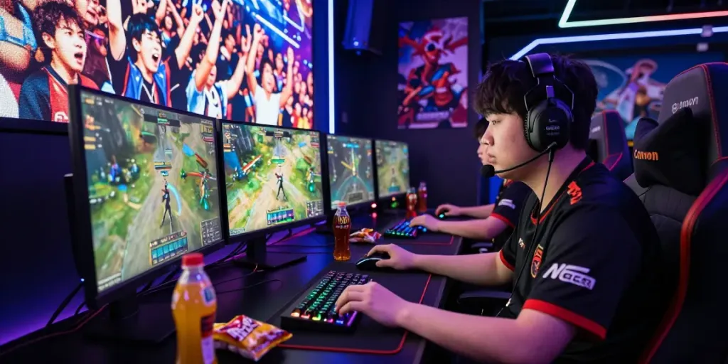 Pemain esports bermain jagototo dalam lingkungan gaming yang dinamis dan menarik.