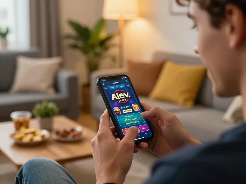 A player enjoying mobile gaming with Alev Casino 471 app in a vibrant home setting.