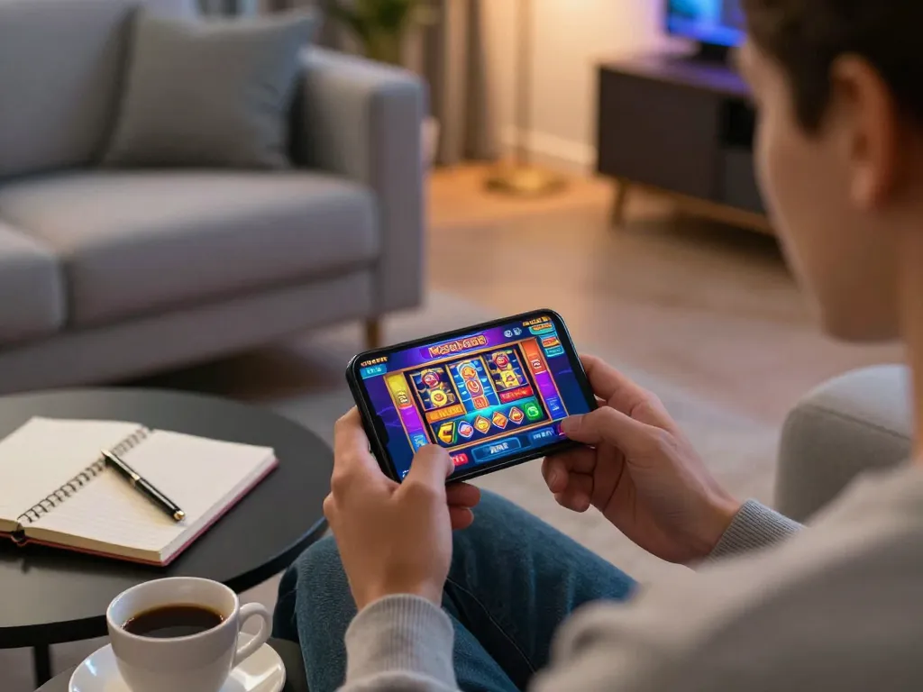Engaging with mega888 apk on a smartphone in a cozy home environment, focusing on strategy and responsible gaming.